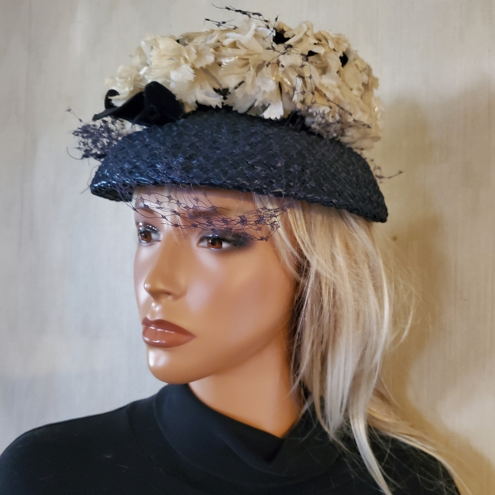 Vintage Mid-century Modern Special Event Hat Black Indigo  Rafia Floral Top Veil